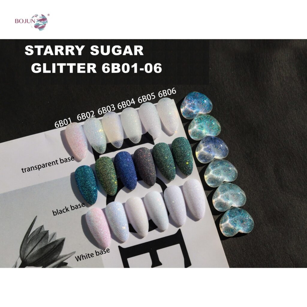Bojun 6B01–06 Starry Sugar Glitter samples over transparent, black and white bases