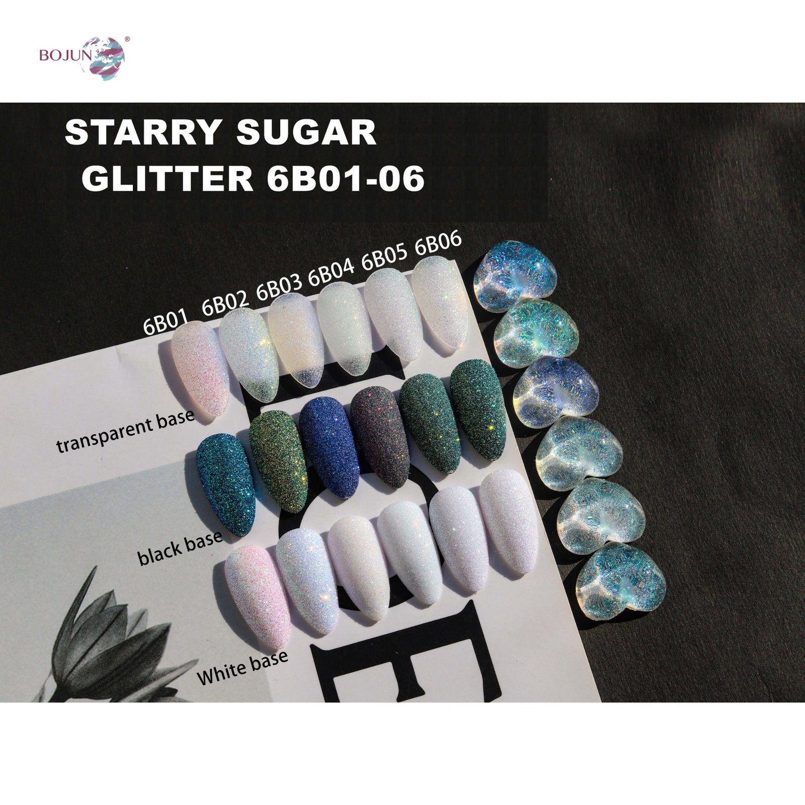 Bojun 6B01–06 Starry Sugar Glitter samples over transparent, black and white bases