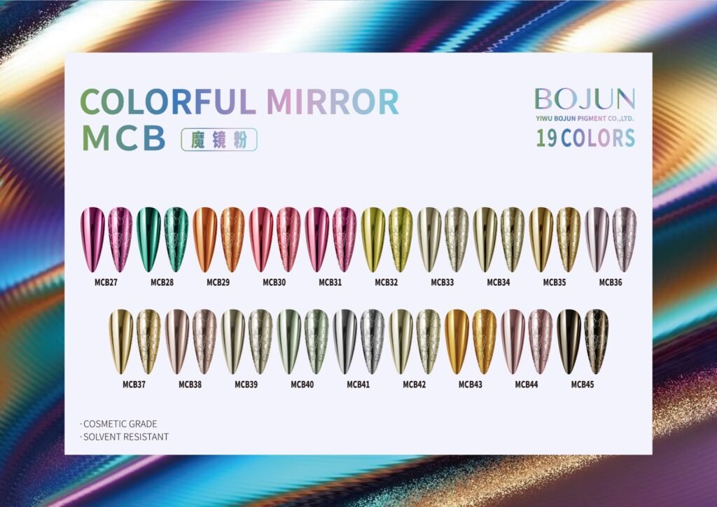 Bojun Colorful Mirror MCB colour card showing 19 shades, MCB27 to MCB45.