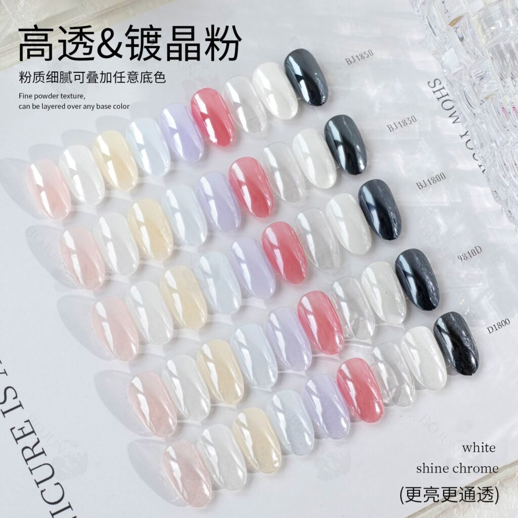 Bojun translucent effect powder colour card showing nail finishes over different base colours
