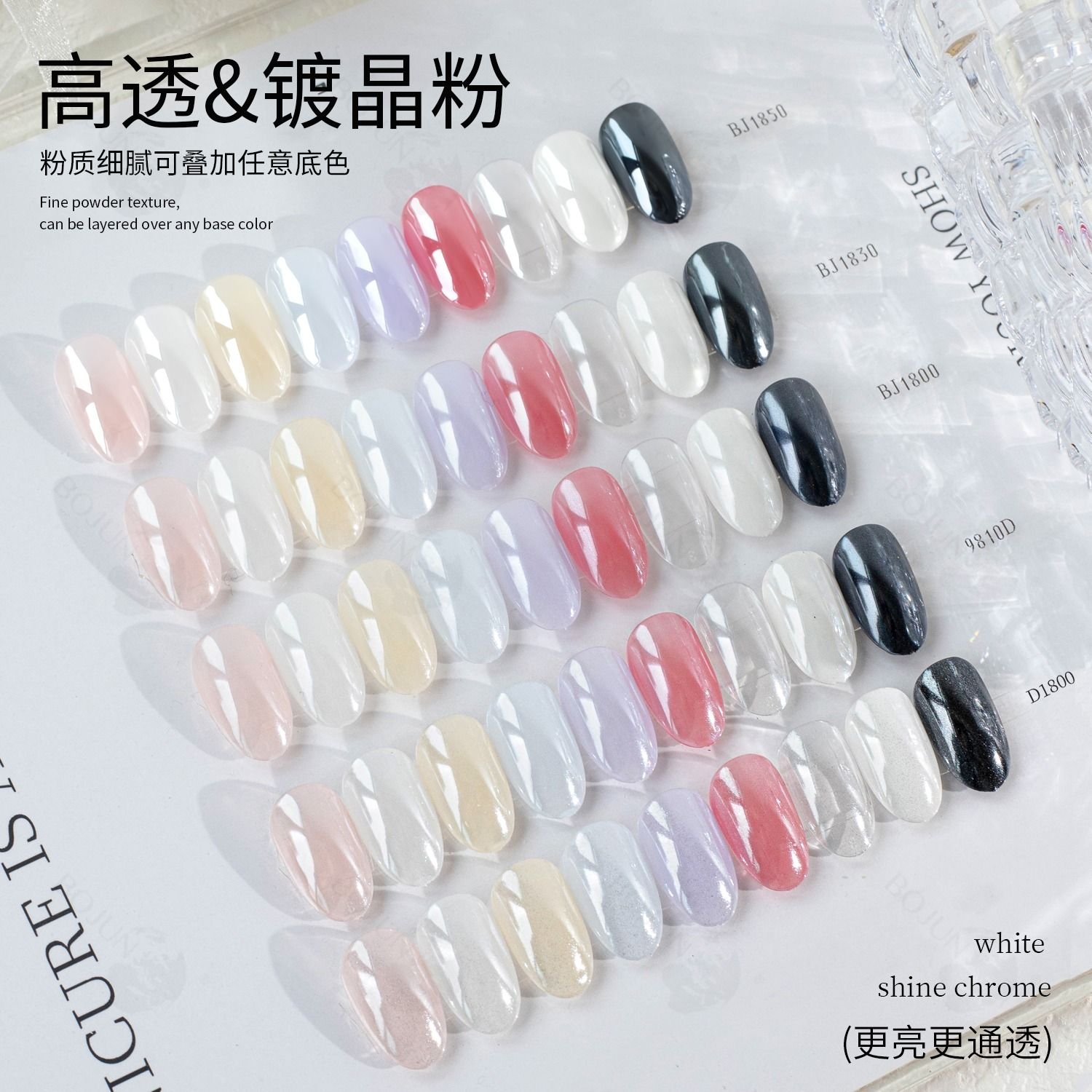 Bojun translucent effect powder colour card showing nail finishes over different base colours
