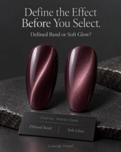 Concept visual of smoky plum cat-eye nail tips illustrating a defined band and a soft glow.