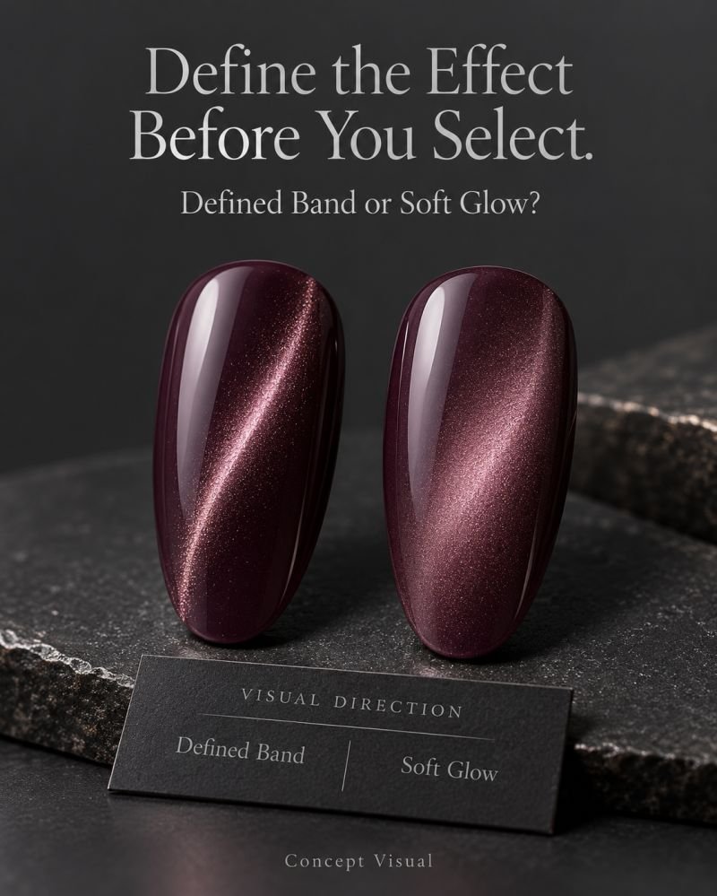 Concept visual of smoky plum cat-eye nail tips illustrating a defined band and a soft glow.