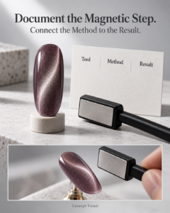 Concept illustration of a cat-eye nail swatch, nail-art magnet and Tool Method Result record card.