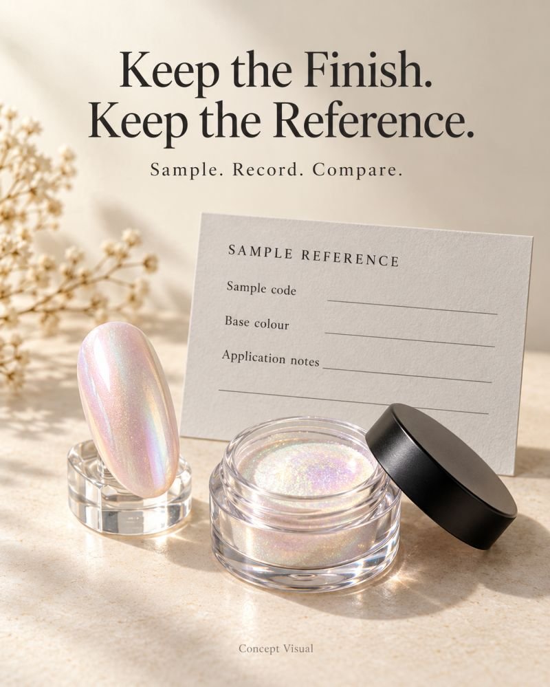 Concept visual of a pearl nail tip, pigment jar and sample reference card.