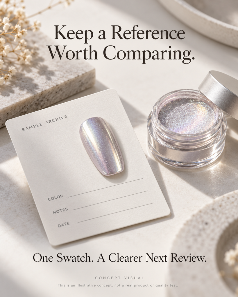 Concept visual of a nail swatch, pigment jar and sample archive card
